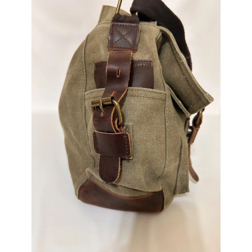 Military Leather Canvas Laptop Bag Messenger Medium Olive Travel Crossbody
